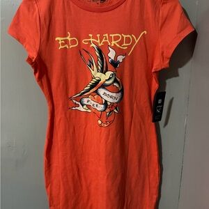 Ed Hardy Orange Mini Dress with Yellow & Multicolor Tattoo Graphic